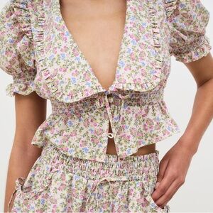 For Love And Lemons Pink and Purple Ruffled Crop Top with Puff Sleeves